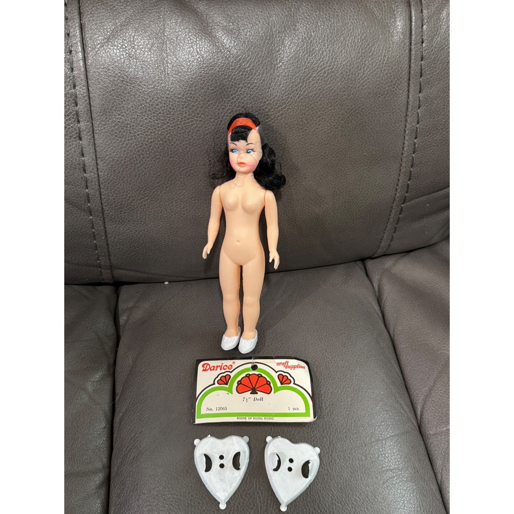 Vintage Darice 7.5 Inch Craft Doll Black Hair Blue Sleep Eyes Hong Kong 12065